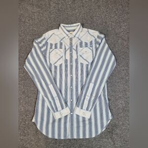 Diesel Western Mens Button Up Snap Shirt Size M Blue White Plaid Long SLeeve